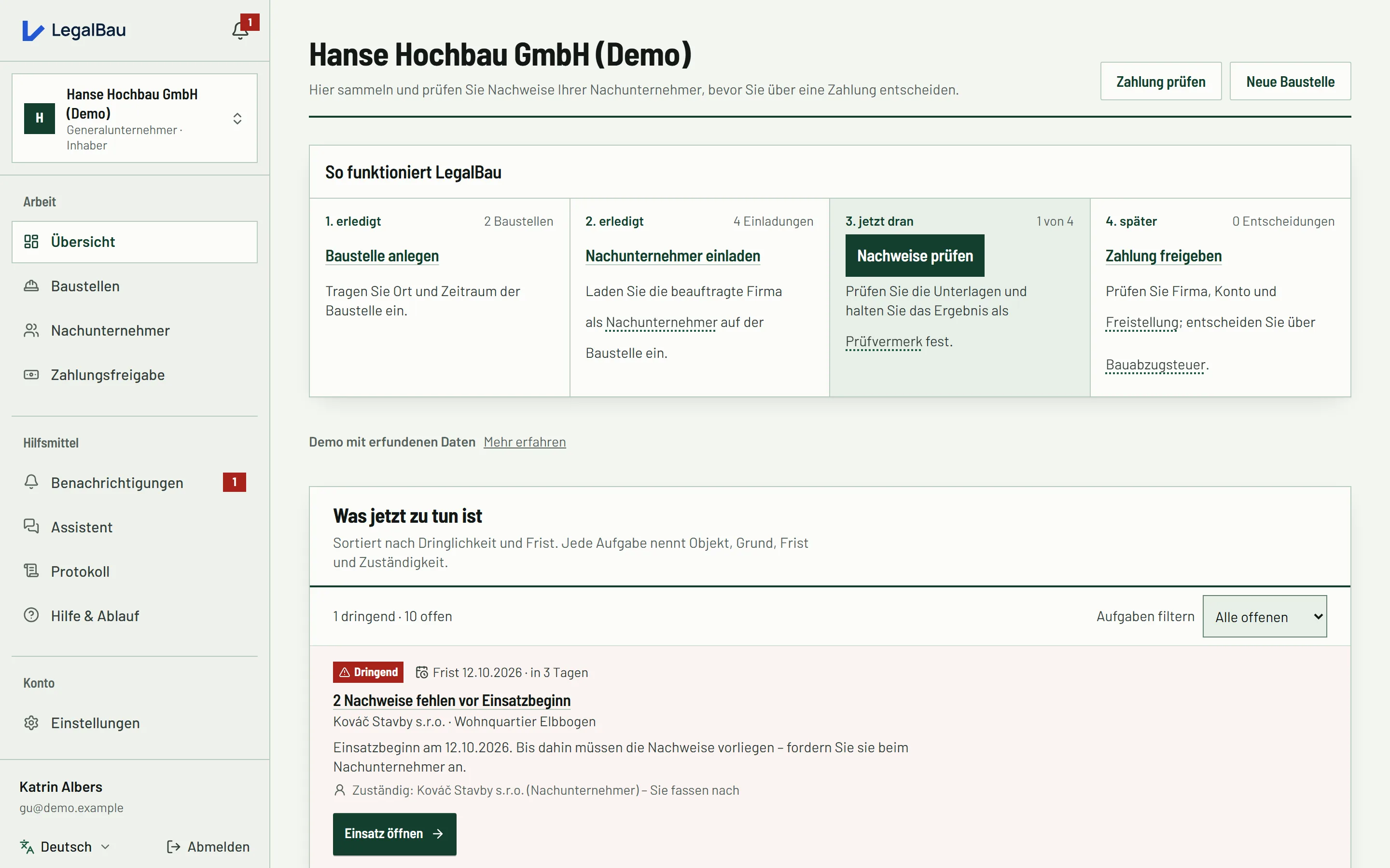 Echter Screenshot der GU-Demoübersicht von Hanse Hochbau mit offenen Aufgaben und Einstieg zur Zahlungsprüfung.