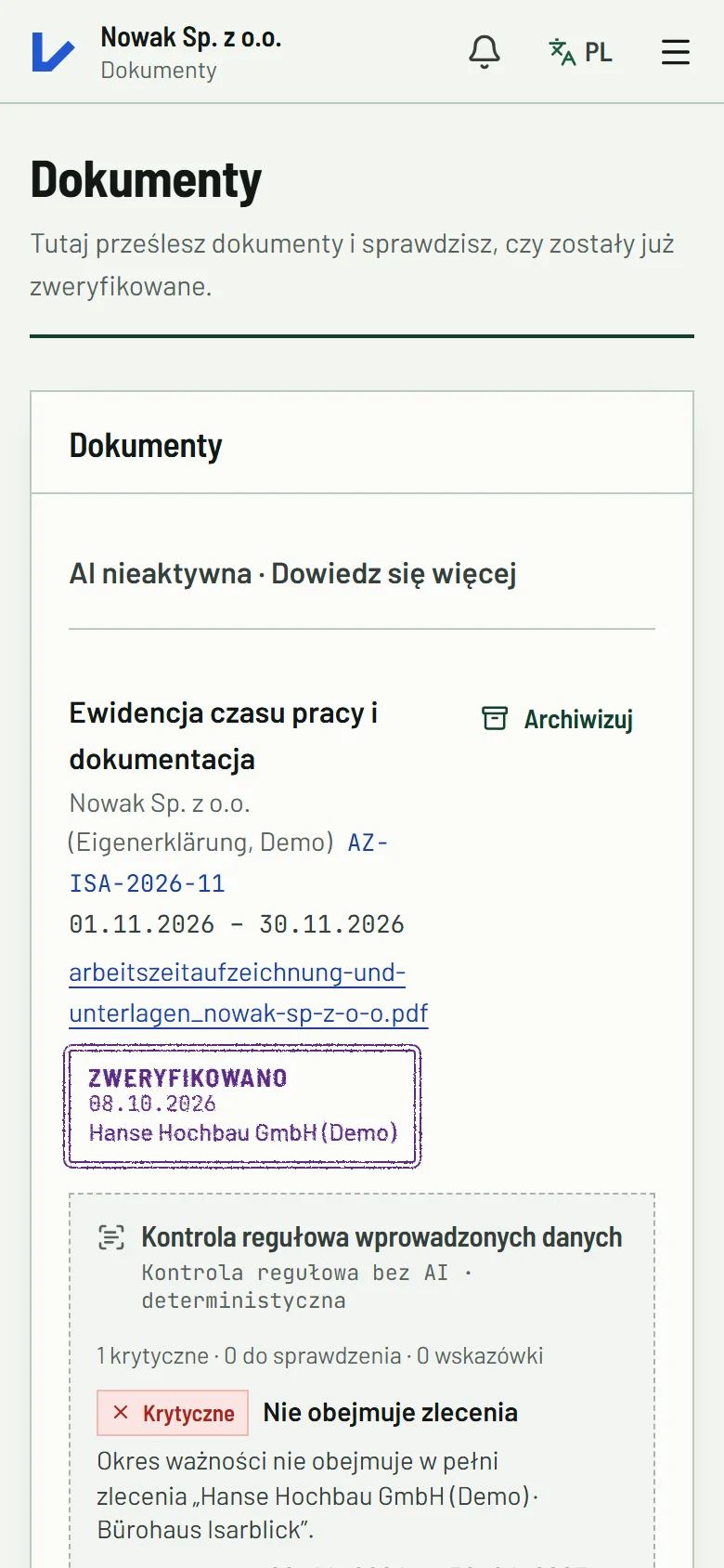 Echter Screenshot des polnischen Demoportals von Nowak mit Dokumenten und offenen Prüfhinweisen.