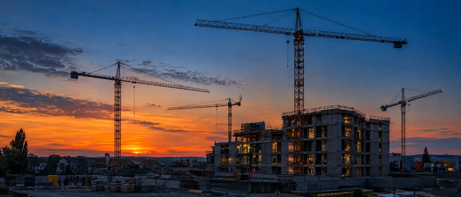 KI-generiertes Panorama einer Baustelle mit Kränen im Abendlicht.